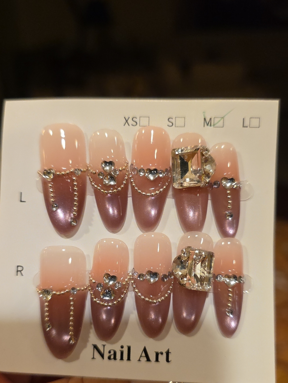 Pink Pearl Ombre Press-On Nails with Rhinestone Chains - Size Med